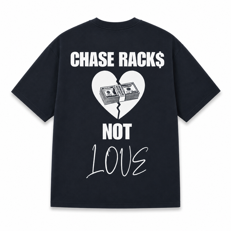 Camiseta Azul Marino “Chase Rack$ Not Love”, dorso